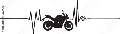 Black motorcycle silhouette integrated into heartbeat line graphic