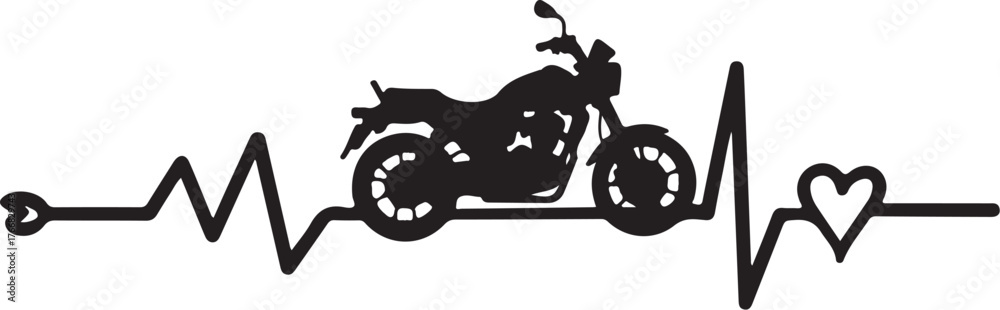 Obraz premium Black motorcycle silhouette on a heartbeat line with heart