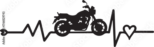 Black motorcycle silhouette on a heartbeat line with heart