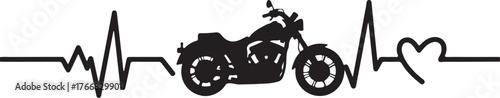 Black motorcycle silhouette on electrocardiogram line with heart