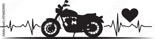 Black motorcycle silhouette on electrocardiogram line with heart