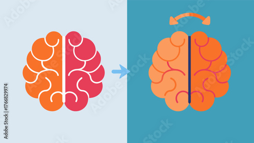 A before and after brain scan of an individual showing increased neural activity in areas associated with cognition after participating in a cognitive training program.. Vector illustration