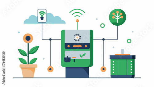 A detailed diagram showcasing the inner workings of a smart fertilizer dispenser highlighting its sensor technology and automated delivery system.. Vector illustration