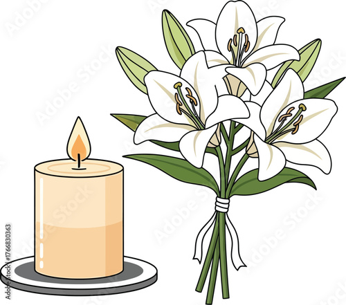 Vector art of a candle and a bouquet of white lilies for a funeral or memorial service