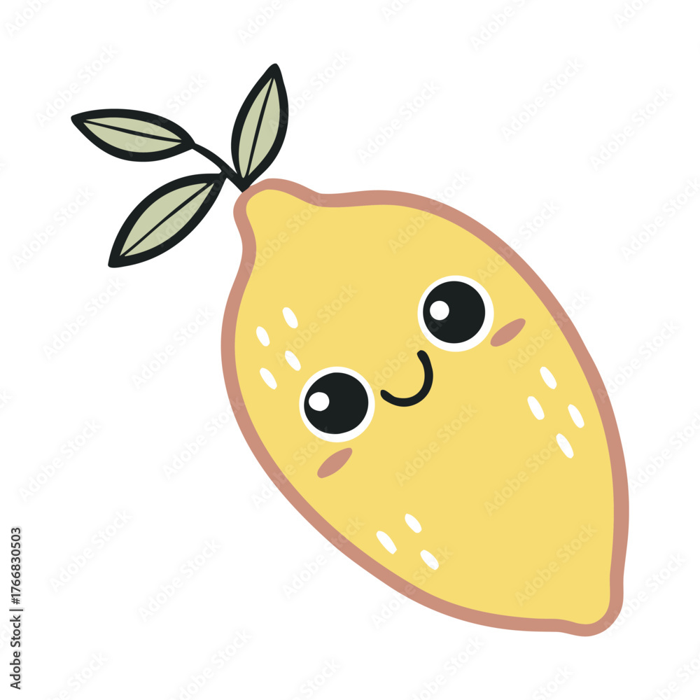 Fototapeta premium Cute lemon illustration with smiling face and green leaves on white background. Adorable cartoon fruit vector perfect for kids, stickers, or prints. Fun cheerful citrus character art. 