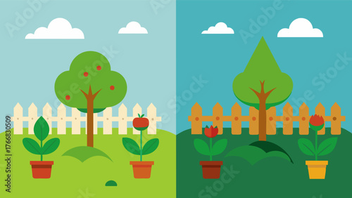 A before and after image of a neglected garden transformed through therapeutic gardening showcasing the revitalizing effects on both the garden and the individual.. Vector illustration