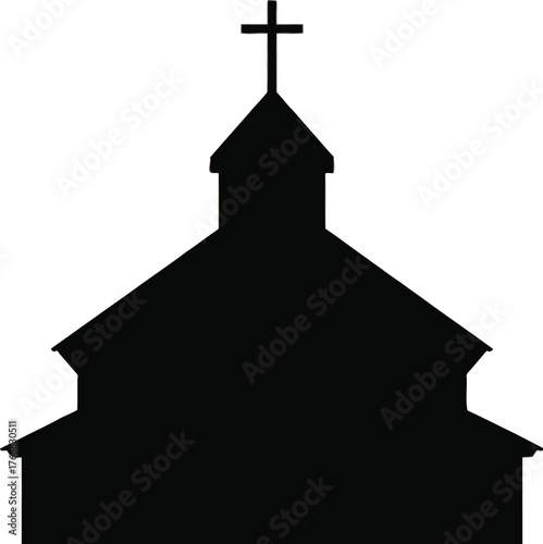 Vector art of silhouette of a church against a colorful sky at sunset or sunrise