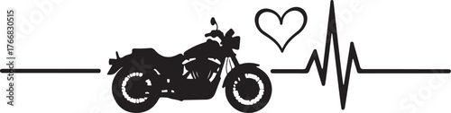 Black motorcycle silhouette on heartbeat line with heart