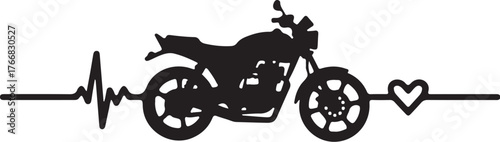 Black motorcycle silhouette on heartbeat line with heart