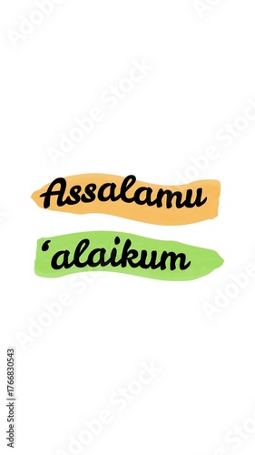 Playful yellow and green “Assalamu Alaikum” (Peace be upon you) typography animation, cheerful and modern Islamic greeting