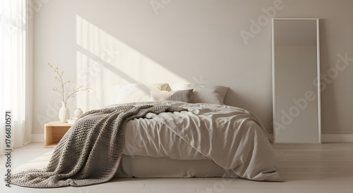 Serene bedroom scene with natural light streaming through a window illuminating soft bedding
