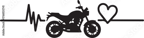 Black motorcycle silhouette on heartbeat line with heart