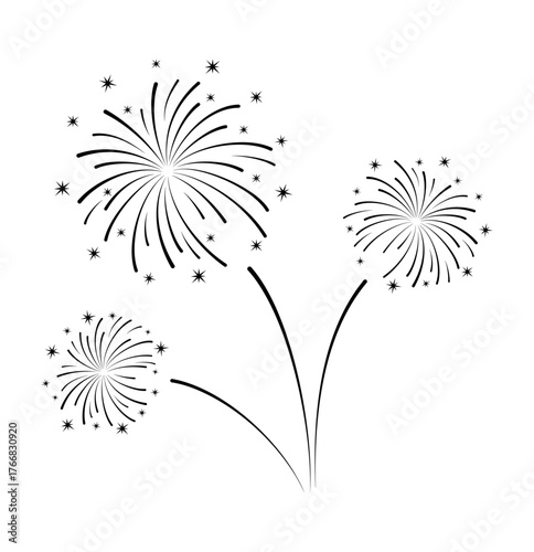 Festive fireworks. Black and white vector illustration with a line isolated on a white background. Decorative graphic element for design, decoration, holiday, postcard, poster. Funny lights in the sky