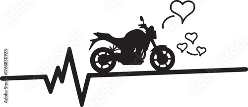 Black motorcycle silhouette on heartbeat line with hearts