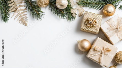 Christmas Border with Gift Boxes, Fir Branches and Golden Ornaments on White Background, Flat Lay Top View for Holiday Card Design with Copy Space