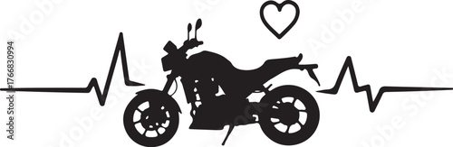 Black motorcycle silhouette with heart and heartbeat line