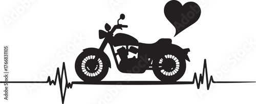 Black motorcycle silhouette with heart and heartbeat line