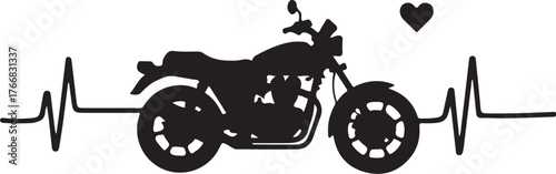 Black motorcycle silhouette with heartbeat line and heart