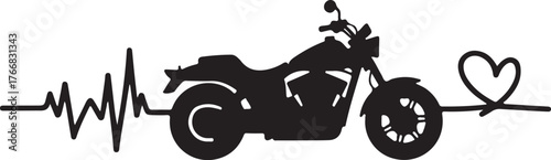 Black motorcycle silhouette with heartbeat line and heart