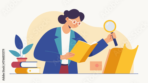 An archivist uses a magnifying glass to examine a delicate yellowed mcript making notes in a worn journal.. Vector illustration