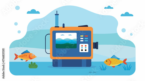 A compact portable water quality monitor that can be easily deployed to remote locations without access to advanced water testing facilities aiding smallscale fish farmers in. Vector illustration