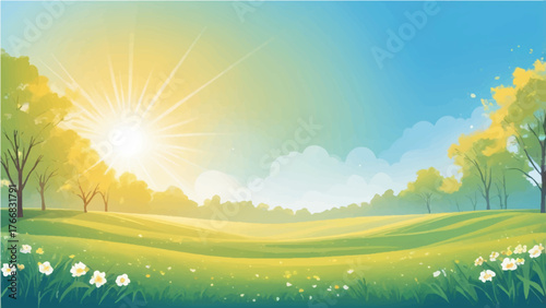 Sunny summer landscape with green fields and blue sky