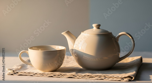 Warm morning tea time still life with teapot and cup soft light and natural textures
