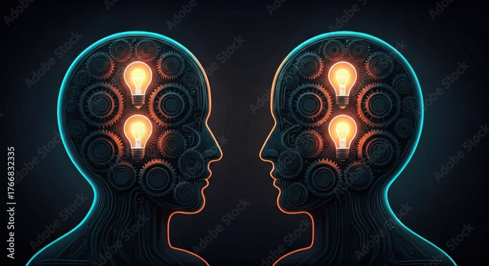 Obraz premium Two silhouette heads face each other, gears and glowing lightbulbs inside, dark background