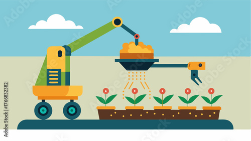 A mechanical arm equipped with a seed planter delicately placing seeds into the soil ensuring precise depth and spacing.. Vector illustration