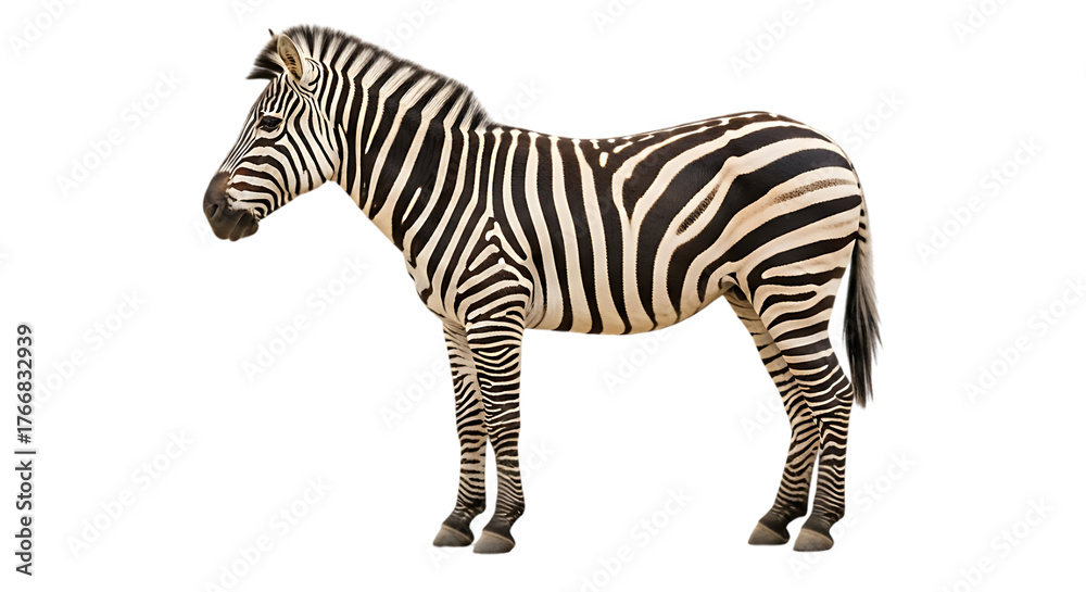 Fototapeta premium Full body shot of a zebra standing sideways against a black background in a studio setting on transparent background