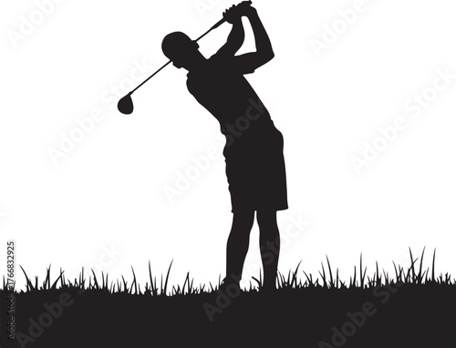 Black silhouette of a golfer swinging a club on grass