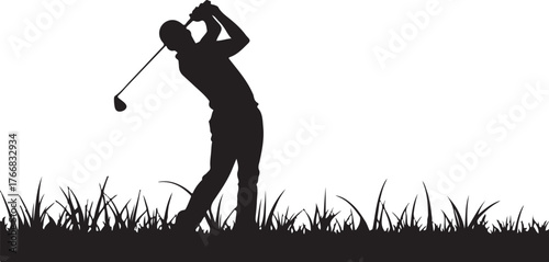 Black silhouette of a golfer swinging a club in grass