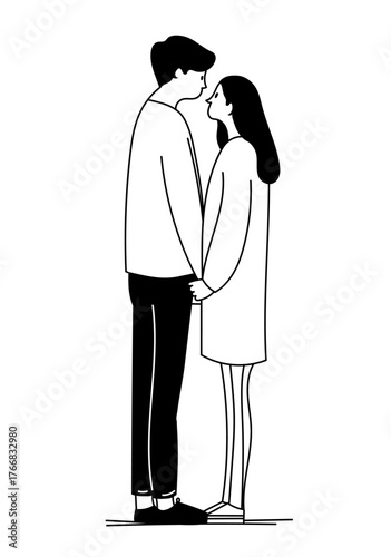 Minimal black and white drawing of a couple holding hands and facing each other affectionately.