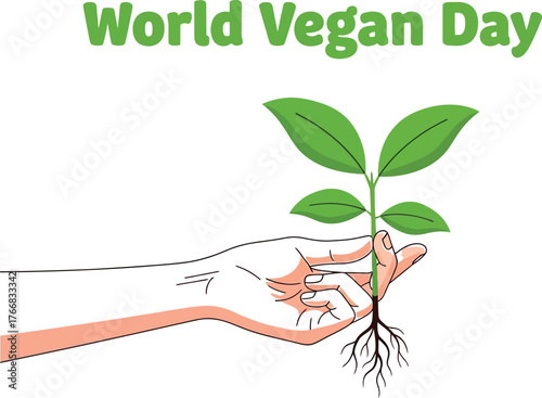 Vector art of hand holding a plant for world vegan day