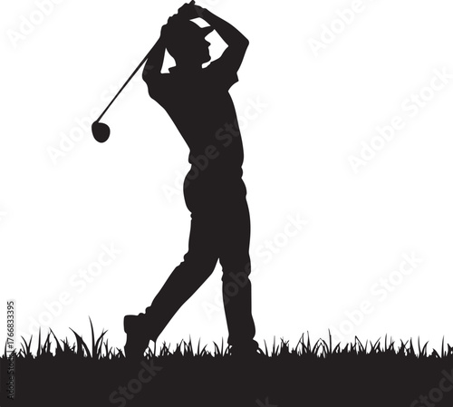 Black silhouette of a golfer swinging a club on grass