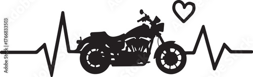 Black silhouette of a motorcycle and heart integrated with heartbeat line
