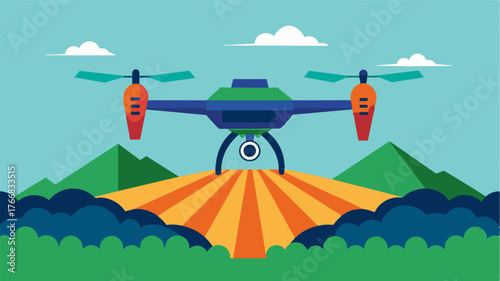 A drone equipped with thermal imaging technology powered by AI that can identify areas of the farm that require additional irrigation or fertilizer.. Vector illustration