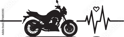 Black silhouette of a motorcycle and heartbeat line with heart