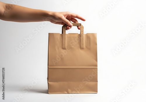 A hand in a blue shirt holding a plain brown kraft paper shopping bag suspended against a white backdrop.