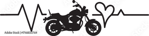 Black silhouette of a motorcycle on a heartbeat line with a heart