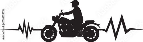 Black silhouette of a motorcycle rider and heartbeat line