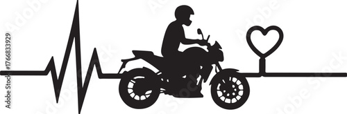 Black silhouette of a motorcycle rider and heartbeat line with heart