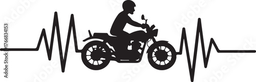 Black silhouette of a motorcycle rider and heartbeat line