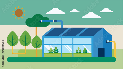 A closedloop system recirculates and filters greenhouse air maintaining cleanliness and preventing contamination from outside sources.. Vector illustration