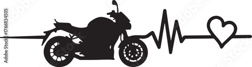 Black silhouette of a motorcycle with heartbeat line and heart