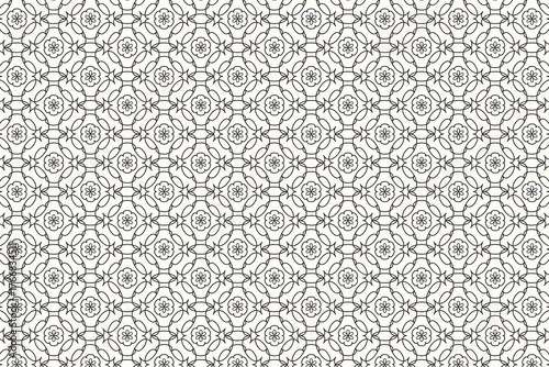 Geometric floral lattice repeat monochrome vector pattern, seamless ornamental design perfect for textiles backgrounds stationery artistic backdrop.