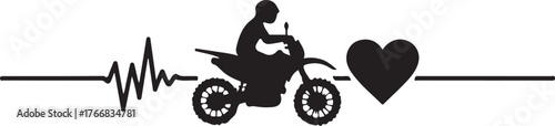 Black silhouette of dirt bike rider and heart on heartbeat line