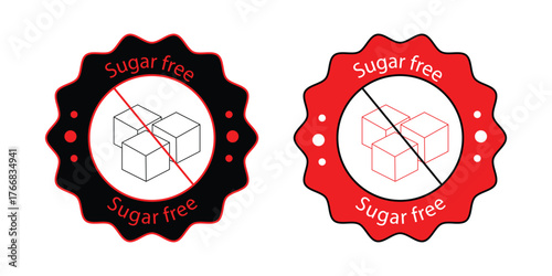 Sugar Free Product Badge or Stamp, No Sugar Added Label, Healthy Diet Food Sticker, Stylized Vector Icon with Crossed Out Sugar Cubes in Red and Black