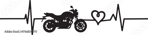 Black silhouette of motorcycle and heart on heartbeat line