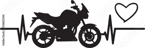 Black silhouette of motorcycle and heart on heartbeat line
